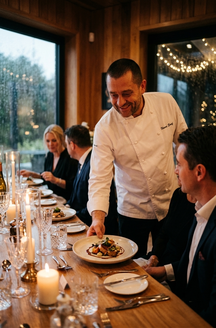Elegancki serwis kolacji — moment gdy talerz trafia do gościa