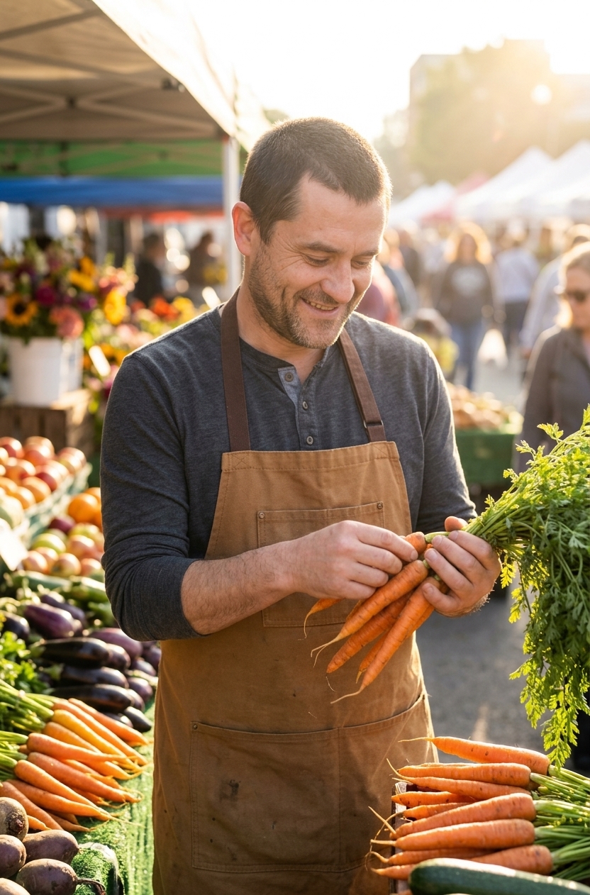 Kamil Lary Kulesza na targu wybierając świeże składniki o świcie