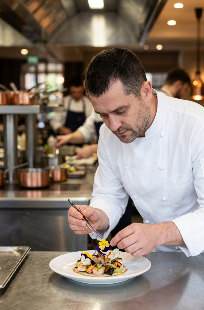 Lary starannie nakładający danie na talerz — precyzja i dbałość o detal
