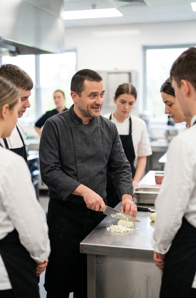 Lary prowadzący warsztat kulinarny, dzielący się wiedzą z uczestnikami